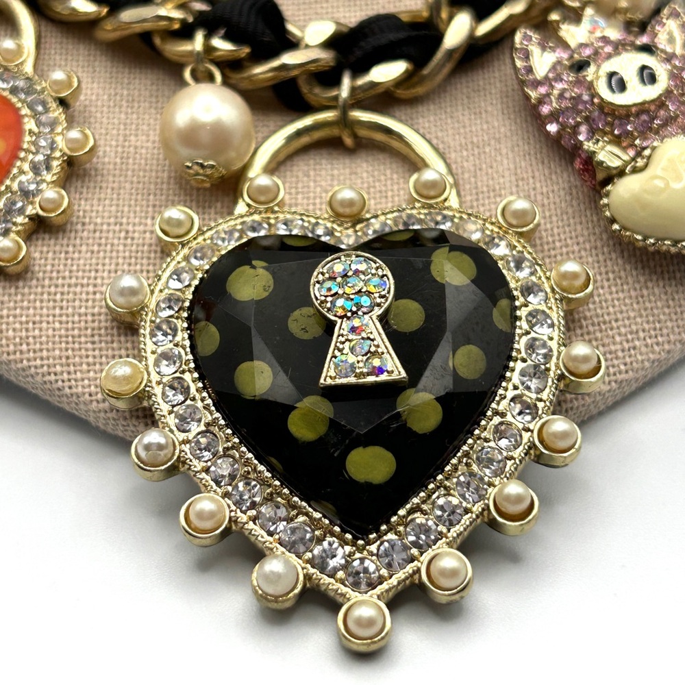 Rare Vintage Betsey Johnson Pigs Fly Polka Dot Pearl Heart Piggy Necklace 18-20” - Picture 2 of 14